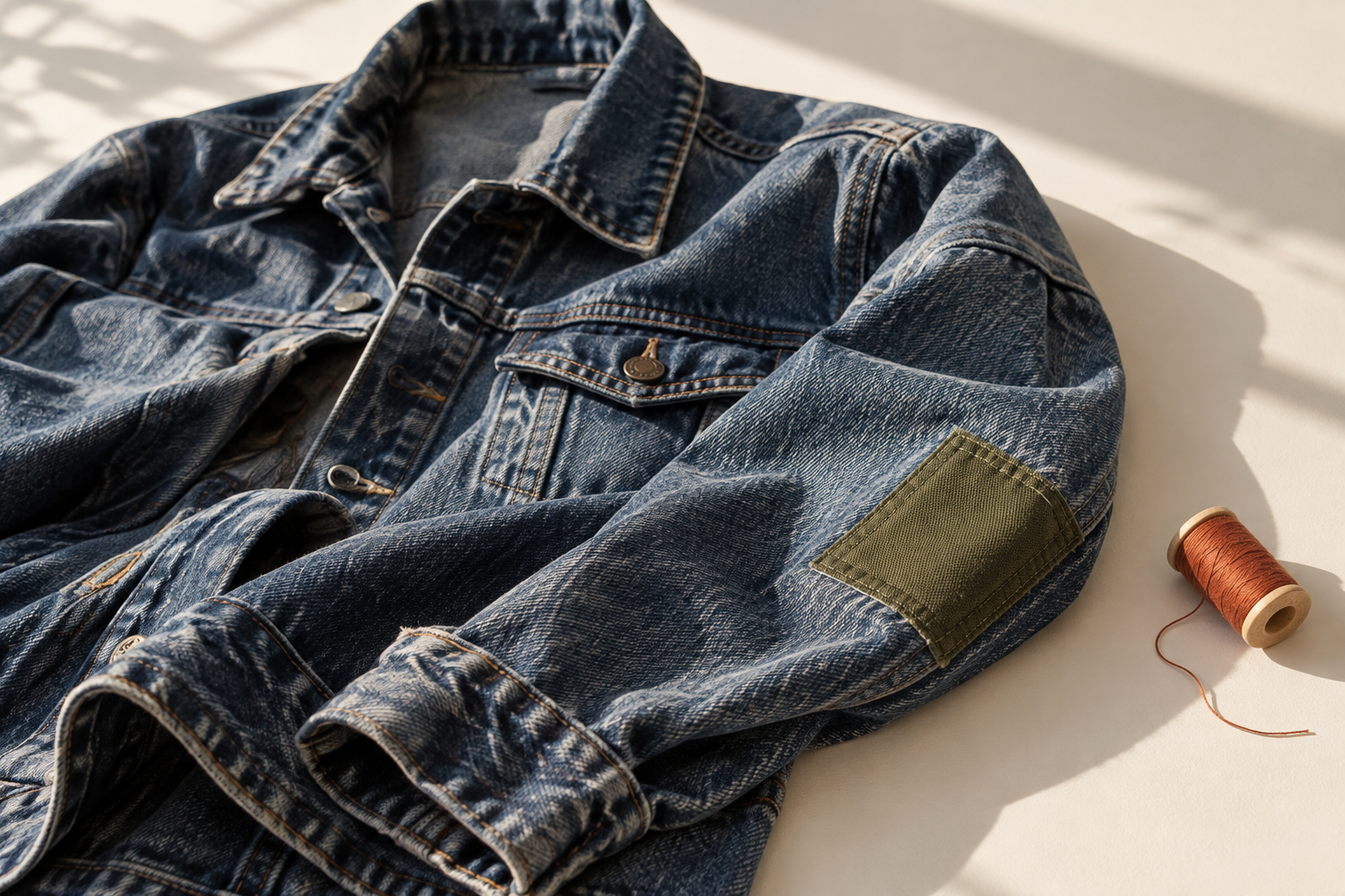 Illustrative denim jacket with a visible olive fabric patch, lying in the sunlight